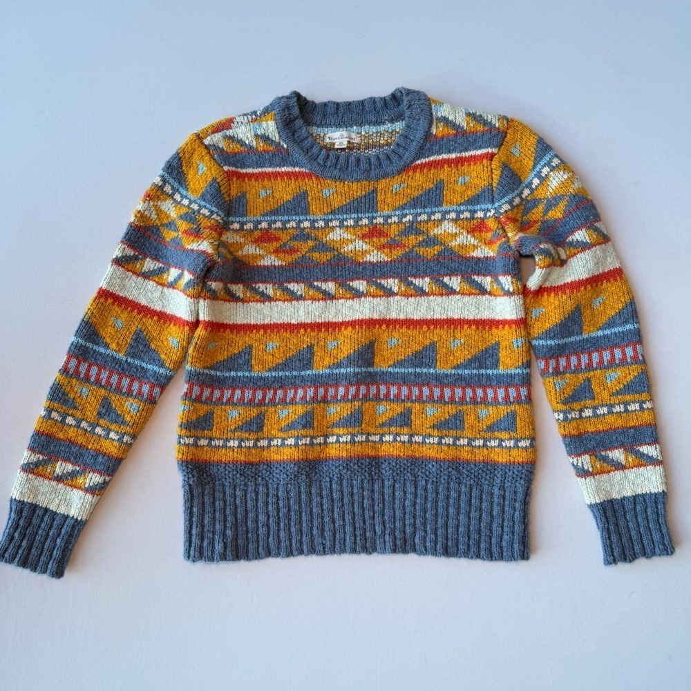 LL Bean Sweater Womens XS Blue Yellow Cotton Fair Isle Southwestern Boho